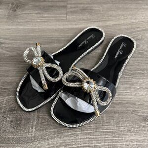 NIB Lauren Lorraine Breeze Bow Slide Sandals Women Size 8 Black Jelly Rhinestone